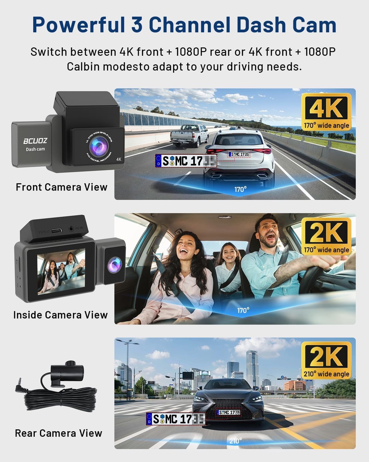 4K 3 Channel Dash Cam, 64GB Card, Full Night Color, 4K+2.5K+1080P Wi-Fi S502