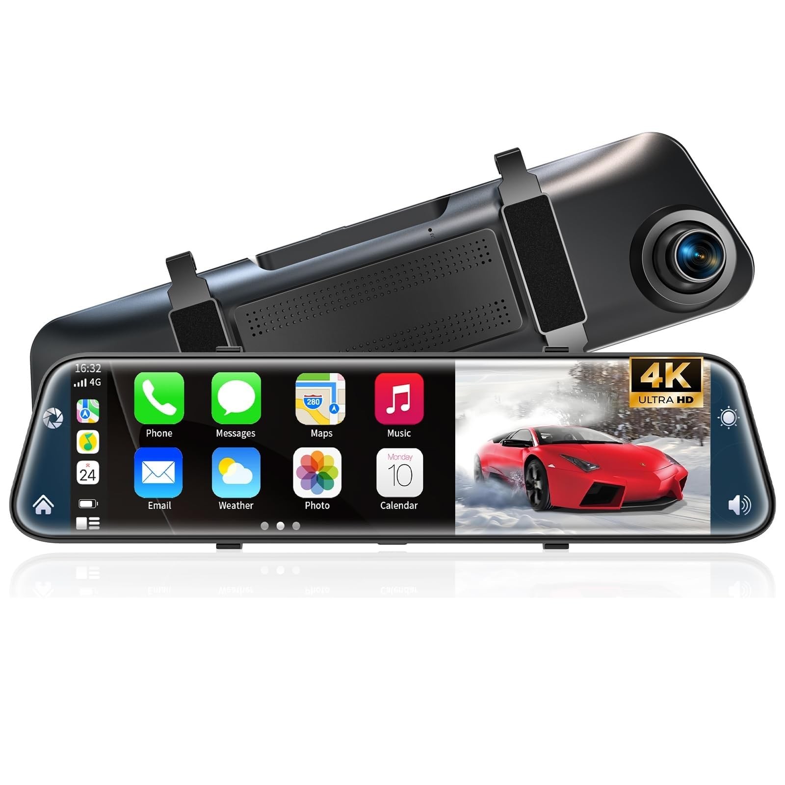 4K Rear View Mirror Camera with Carplay&Android Auto,12″ Mirror Dash Cam Fron…
