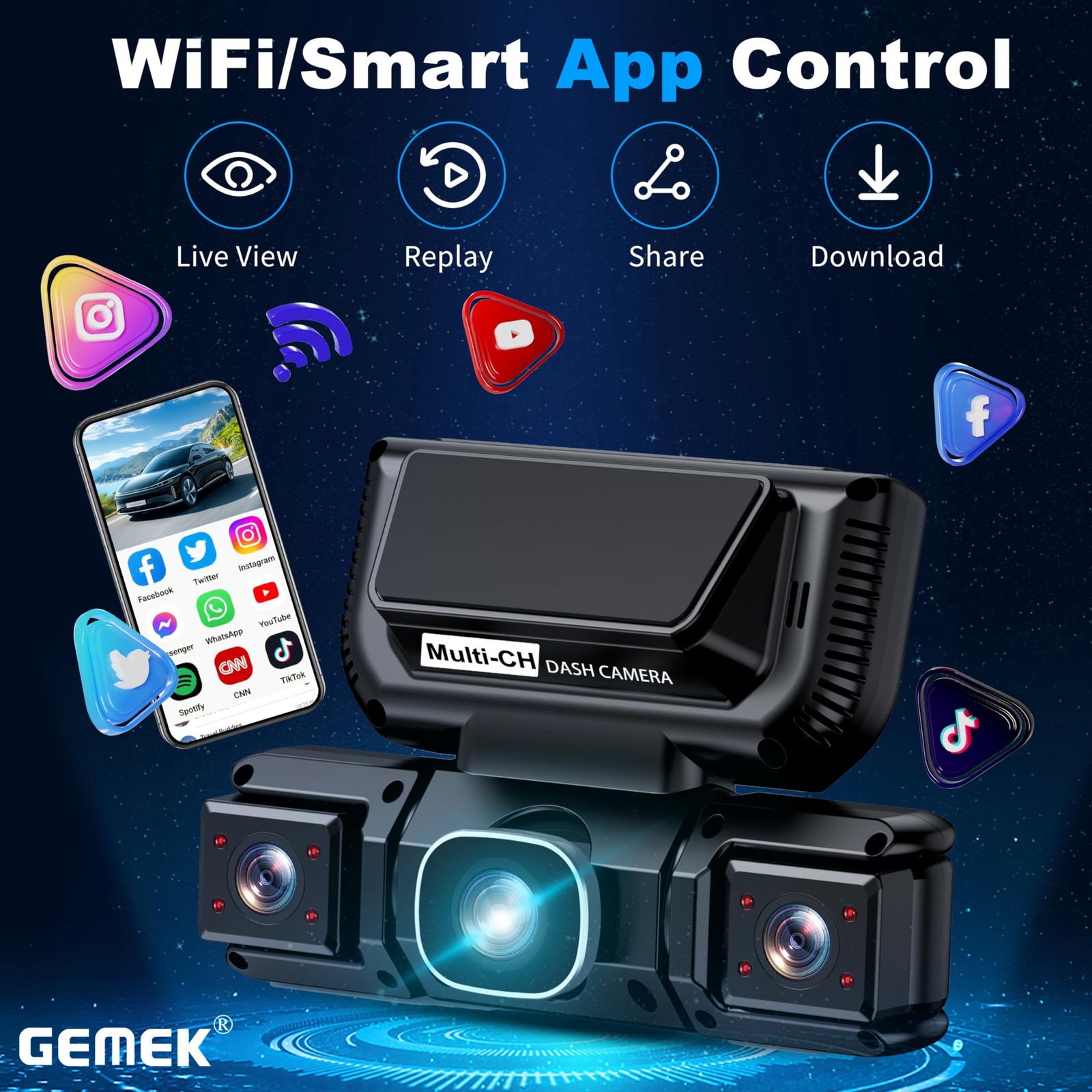 360 Degree View 4 Channel Dash Cam 5G WiFi & APP Control, GEMEK 2K Front
