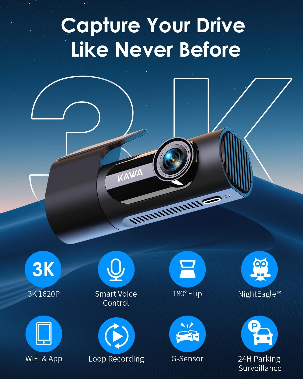 Dash Cam 2K WiFi 1440P Voice Control Night Vision Hidden 24H Parking