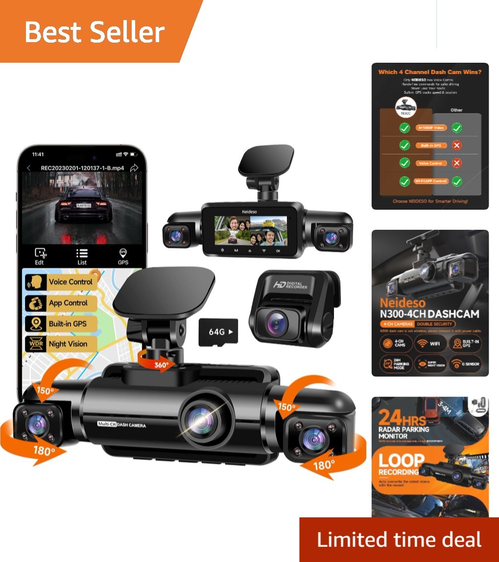 Neideso N300 – 360° 4-Channel FHD Dash Cam with Wi-Fi & GPS for Ultimate Safety