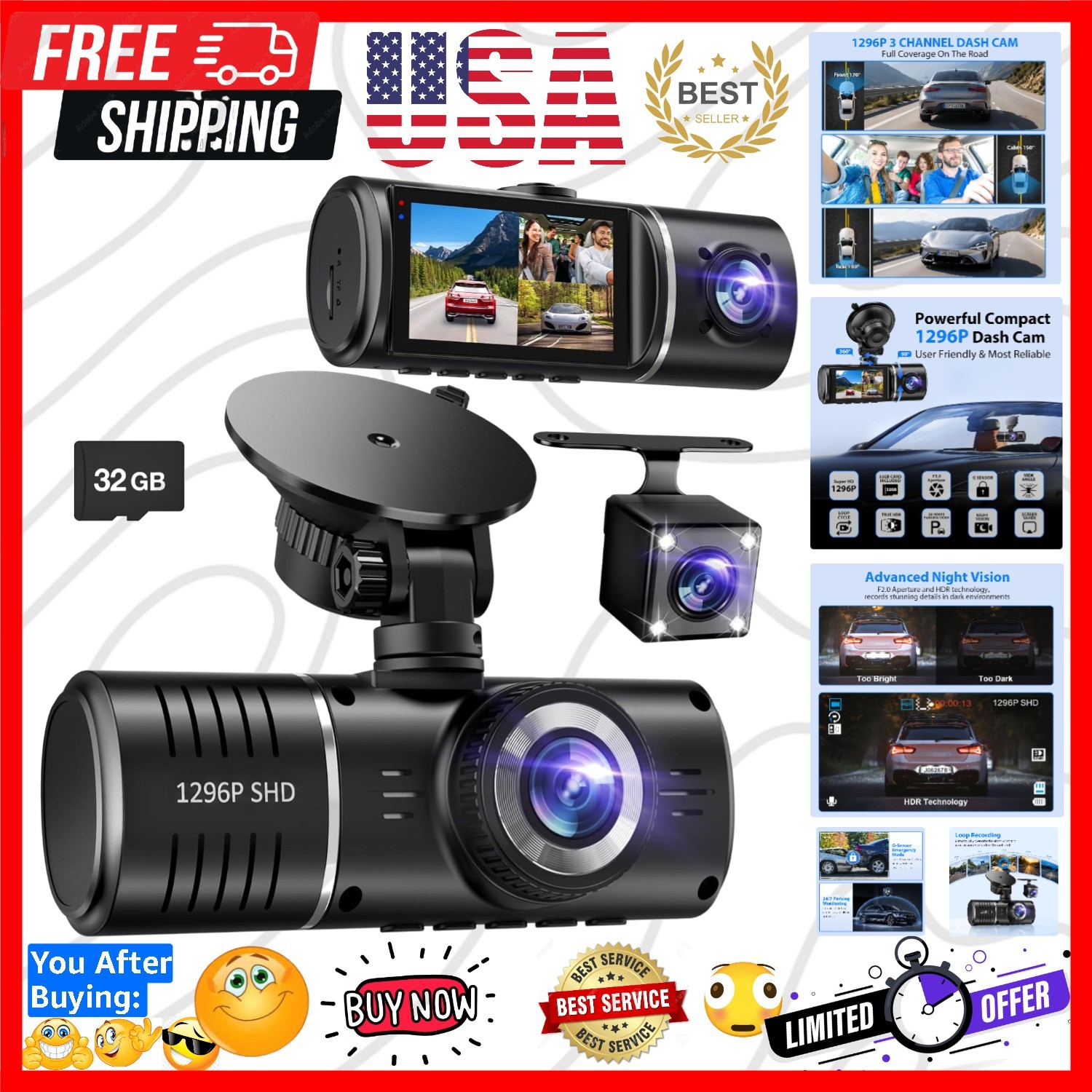 Dash Cam Front and Rear, 1296P Dash Camera for Cars, 3 Channel Car Camera Fro…