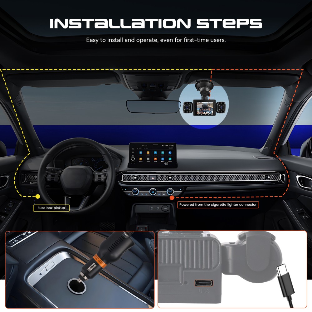 1080P HD 4-Channel Dashcam Car Dash Cam Rear Front Inside Left Right 64G SD Card