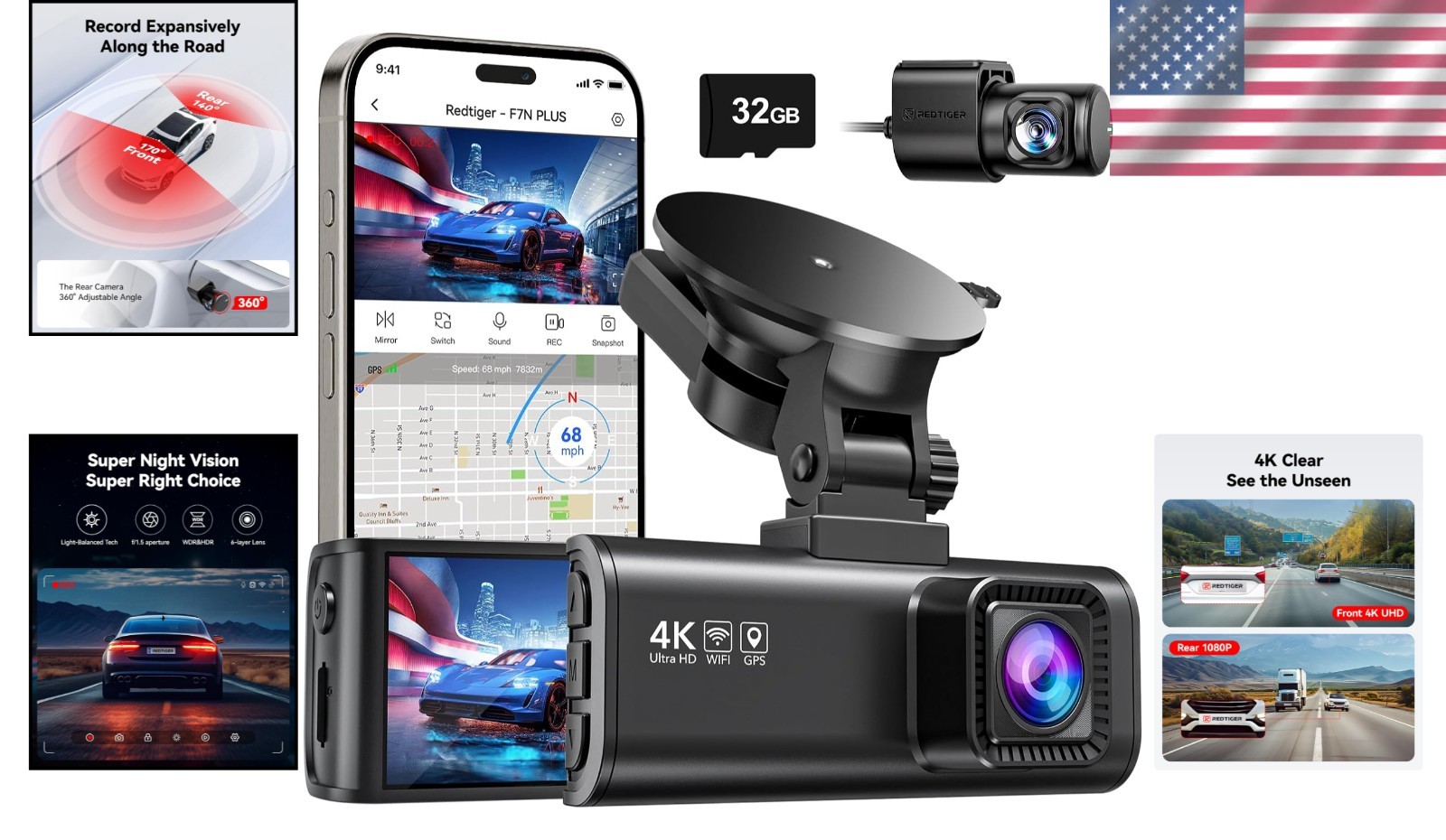 Advanced 4K Wi-Fi Dash Cam with 3.16” Screen – Front & Rear Recording, 32GB