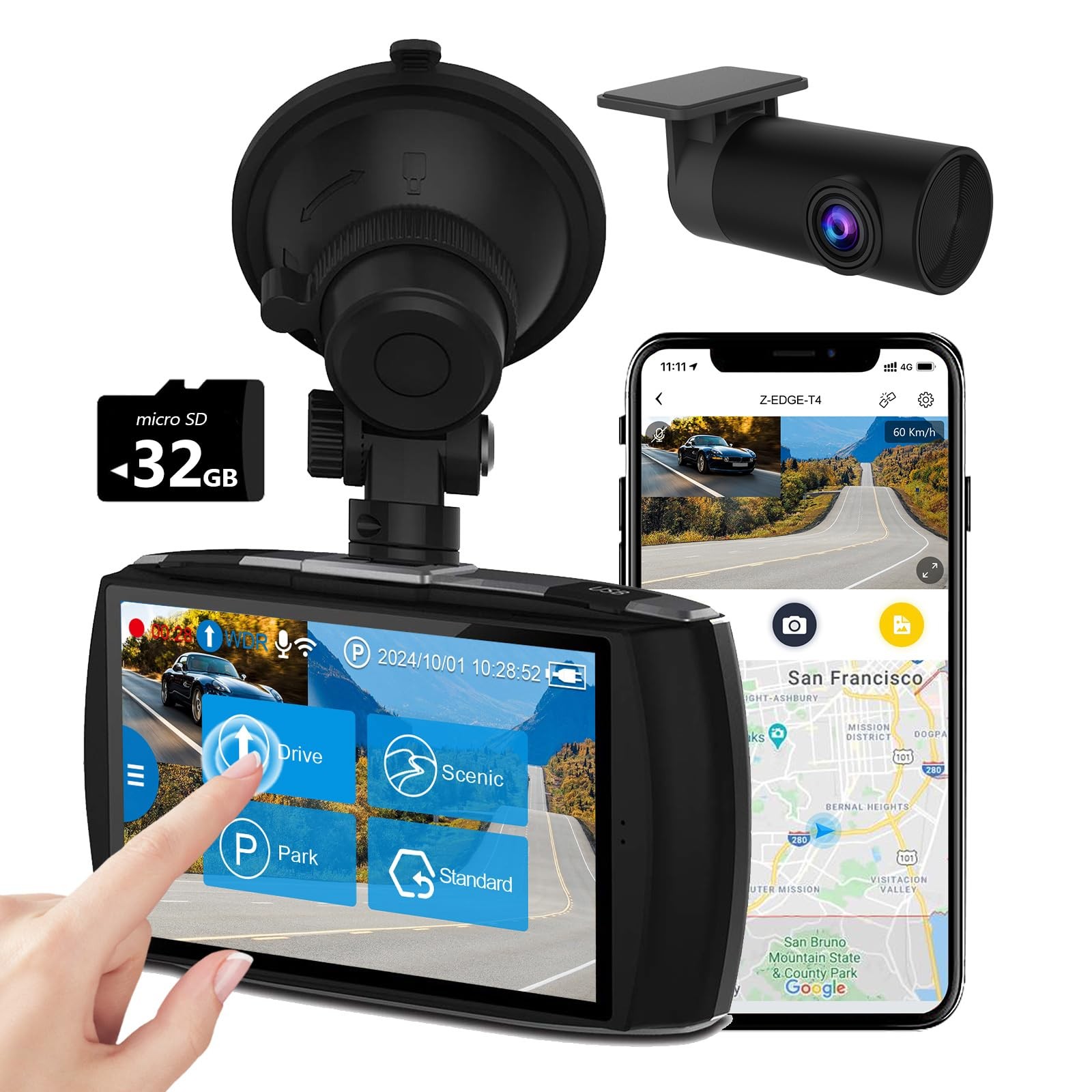 Z-EDGE T4 1080P Front & Rear Dash Cam 4″ Touch Screen Night Vision Car Camera
