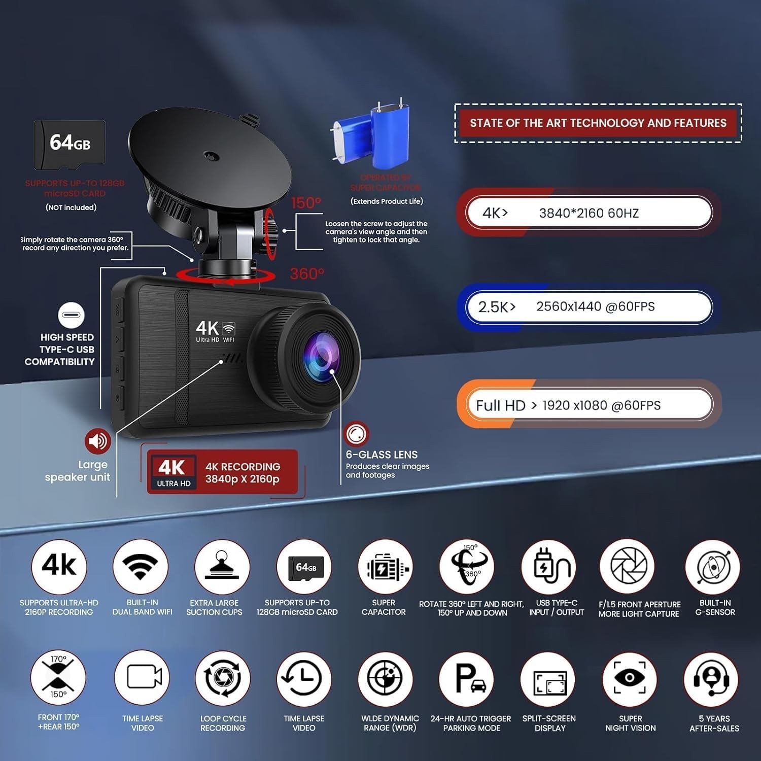 Dash Cam Front and Rear 4K HD WiFi Night Vision 64GB Card 170 Wide Angle