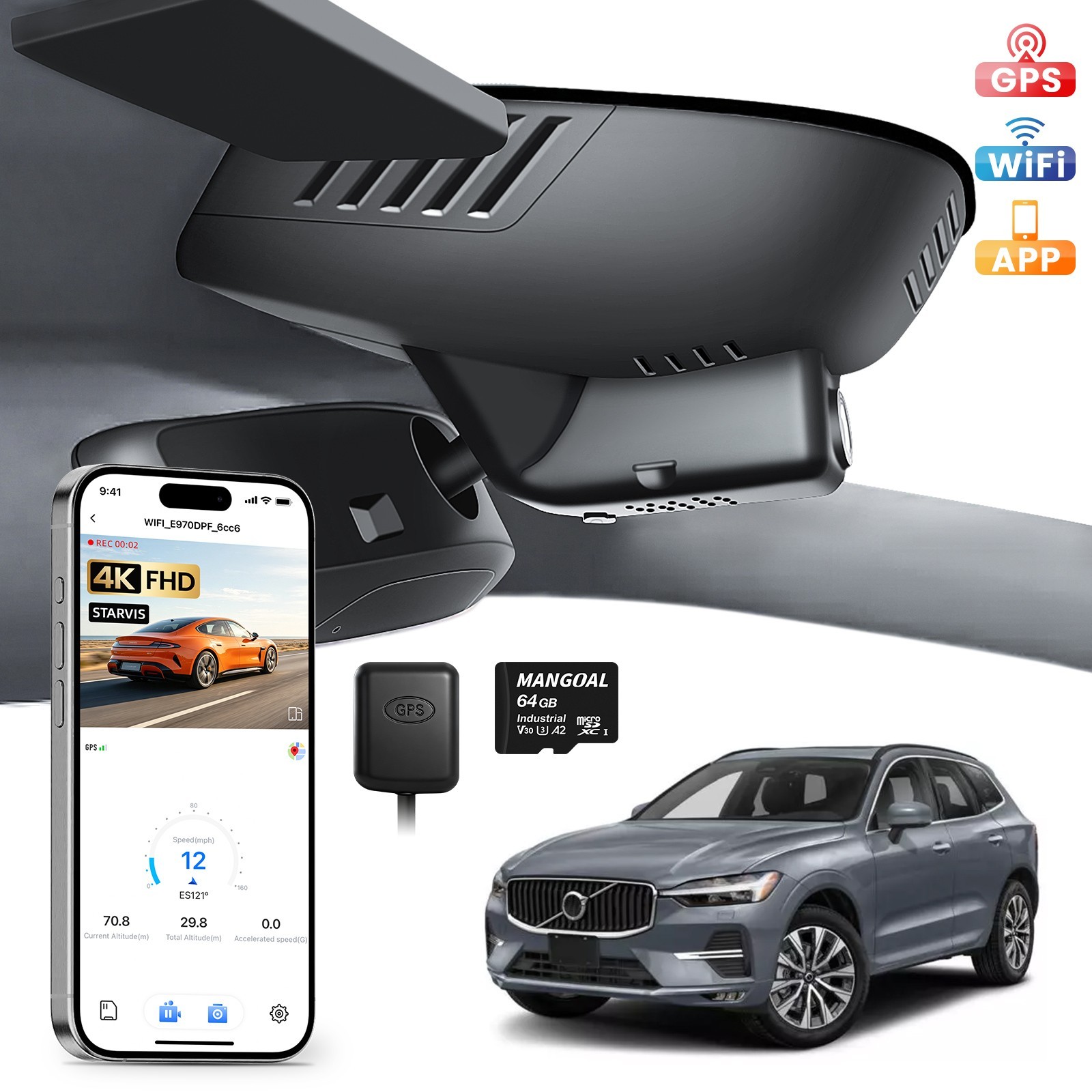 Mangoal HRD Dash Cam 4K OEM Custom for Volvo XC60 2022-2026 GPS Wifi APP-Model D