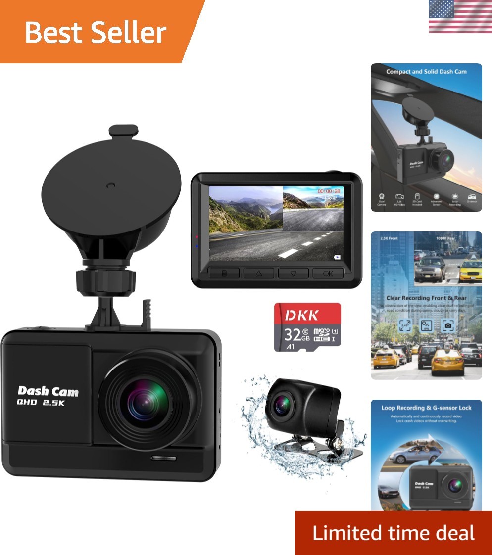 170° Wide Angle 2.5K Dash Cam Front & Rear with Loop Recording & Parking Monitor