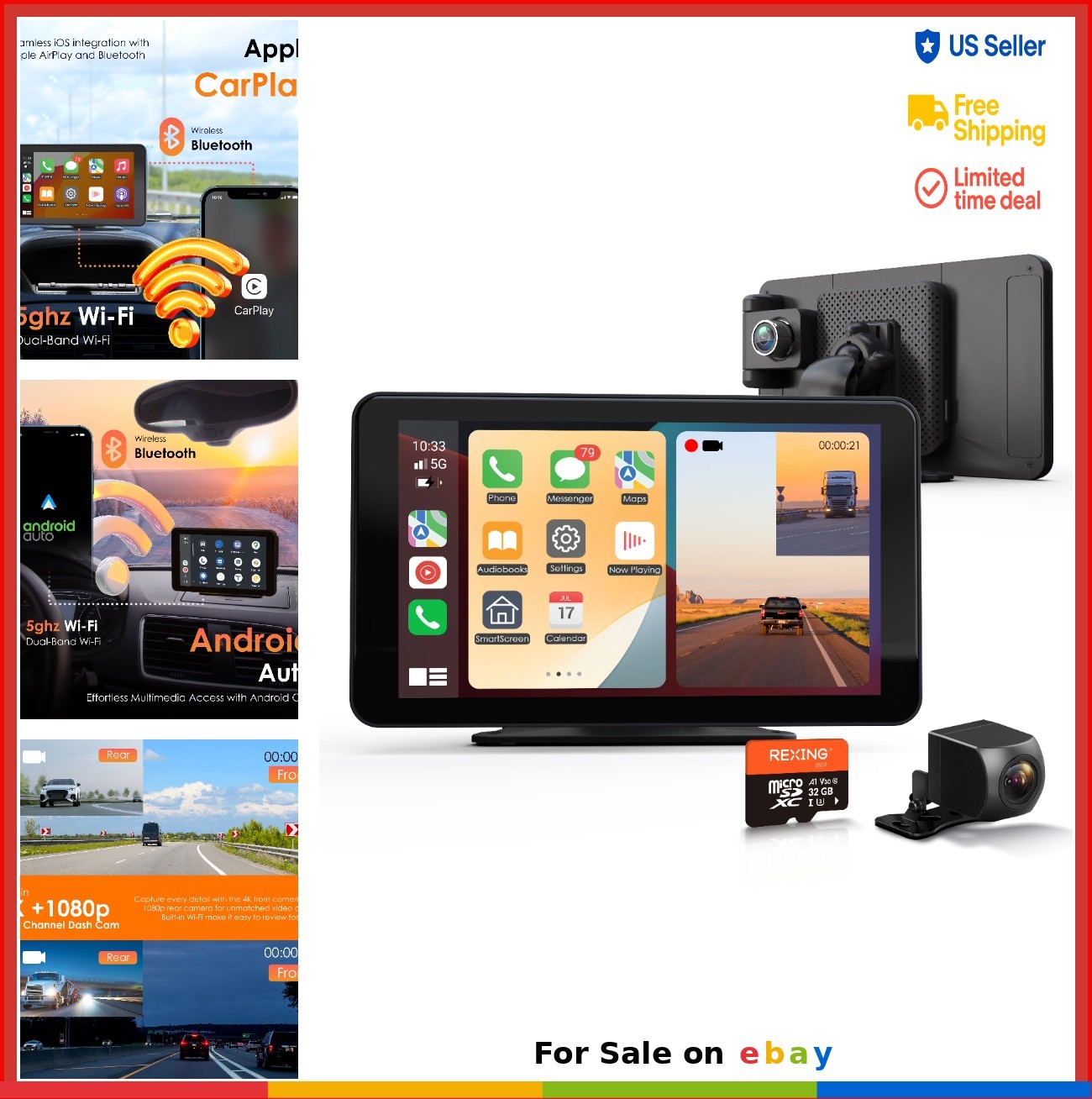 7 Inch Car Stereo Wireless CarPlay Android Auto 4K Dash Cam 1080p Rear GPS