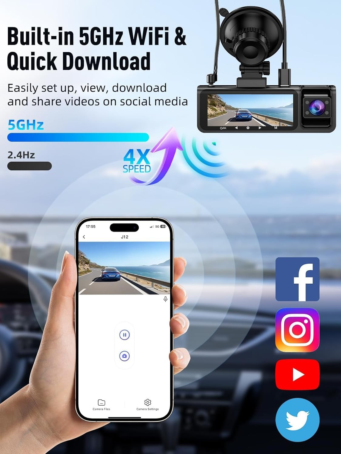 3 Channel 5G WiFi Dash Cam, 4K+1080P+1080P Dash Cam Front and Rear with 64GB …