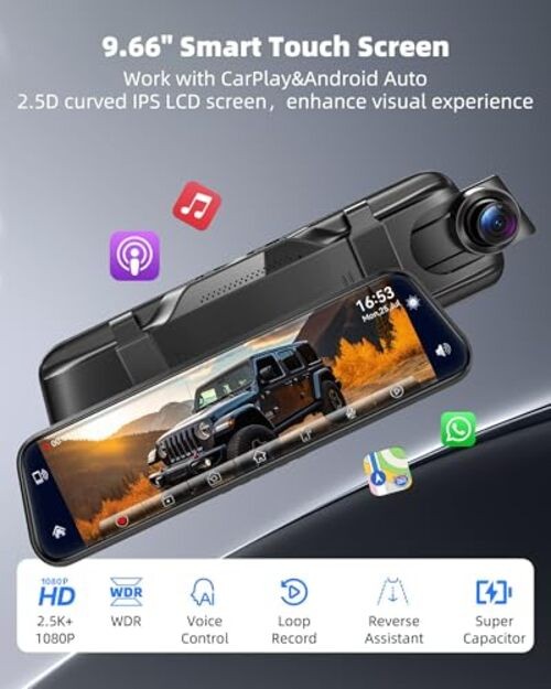 2.5K Mirror Dash Cam with Carplay&Android Auto,10″ Rear View Mirror Camera for