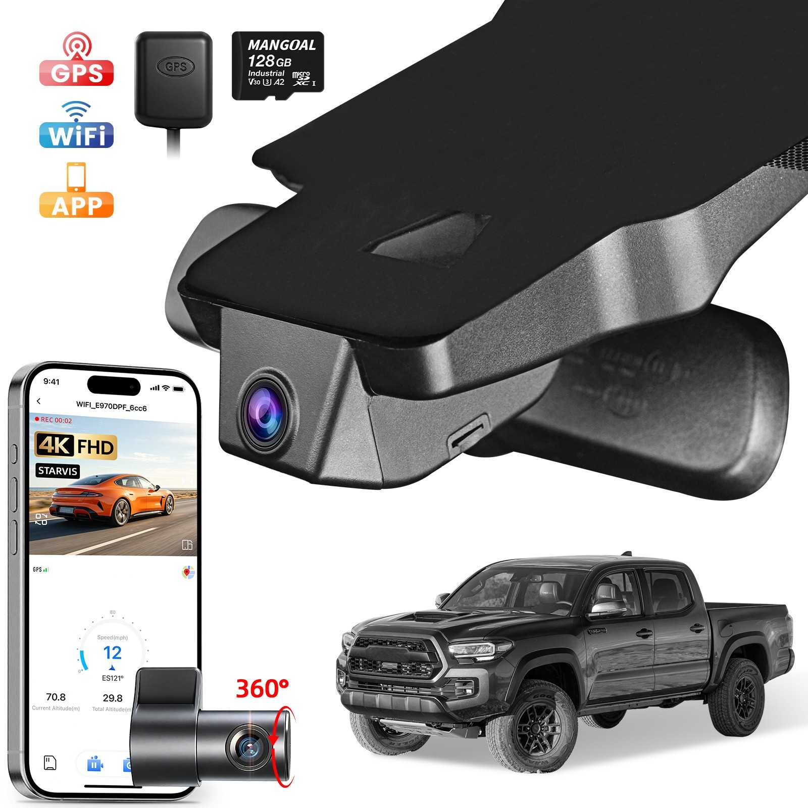 Mangoal Front 4K+Rear 1080P HDR Dash Cam for Toyota Tacoma 2018-2023 OEM Look