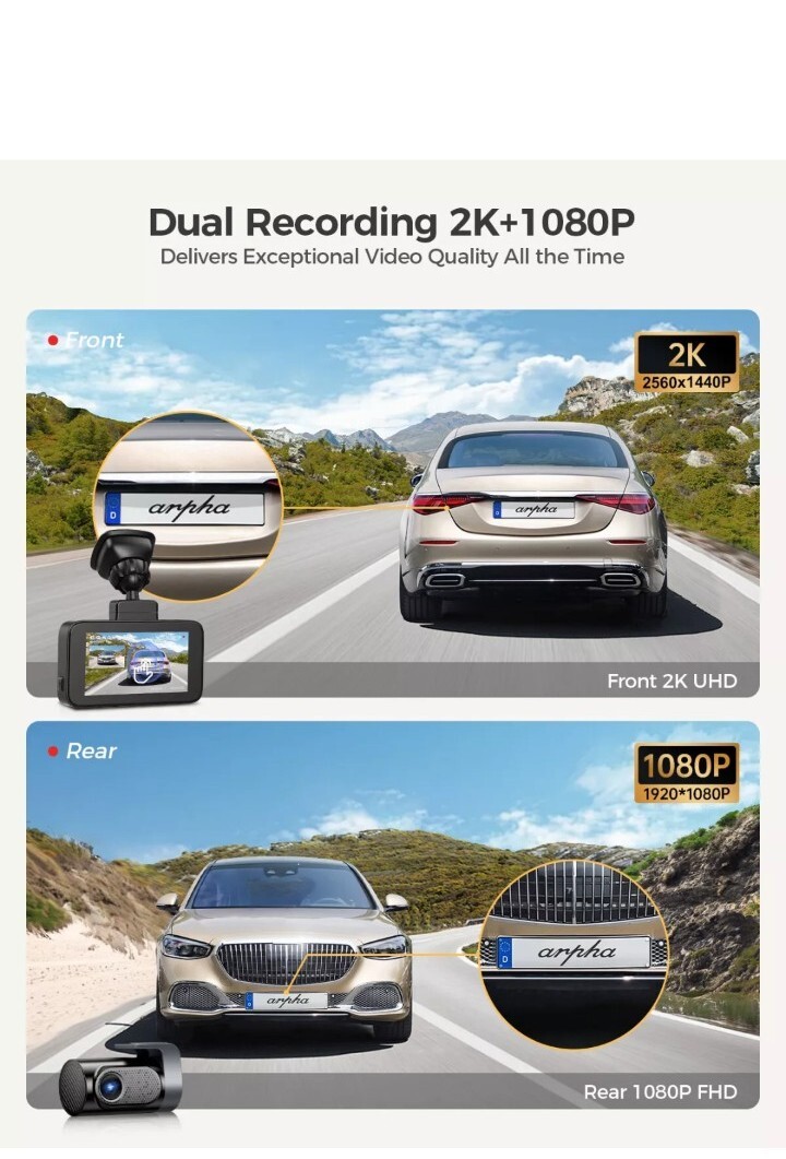 2K Dash Cam Front＆R 2K/1080P WiFi GPS Smart Voice Control WDR Parking ModeFreeTF