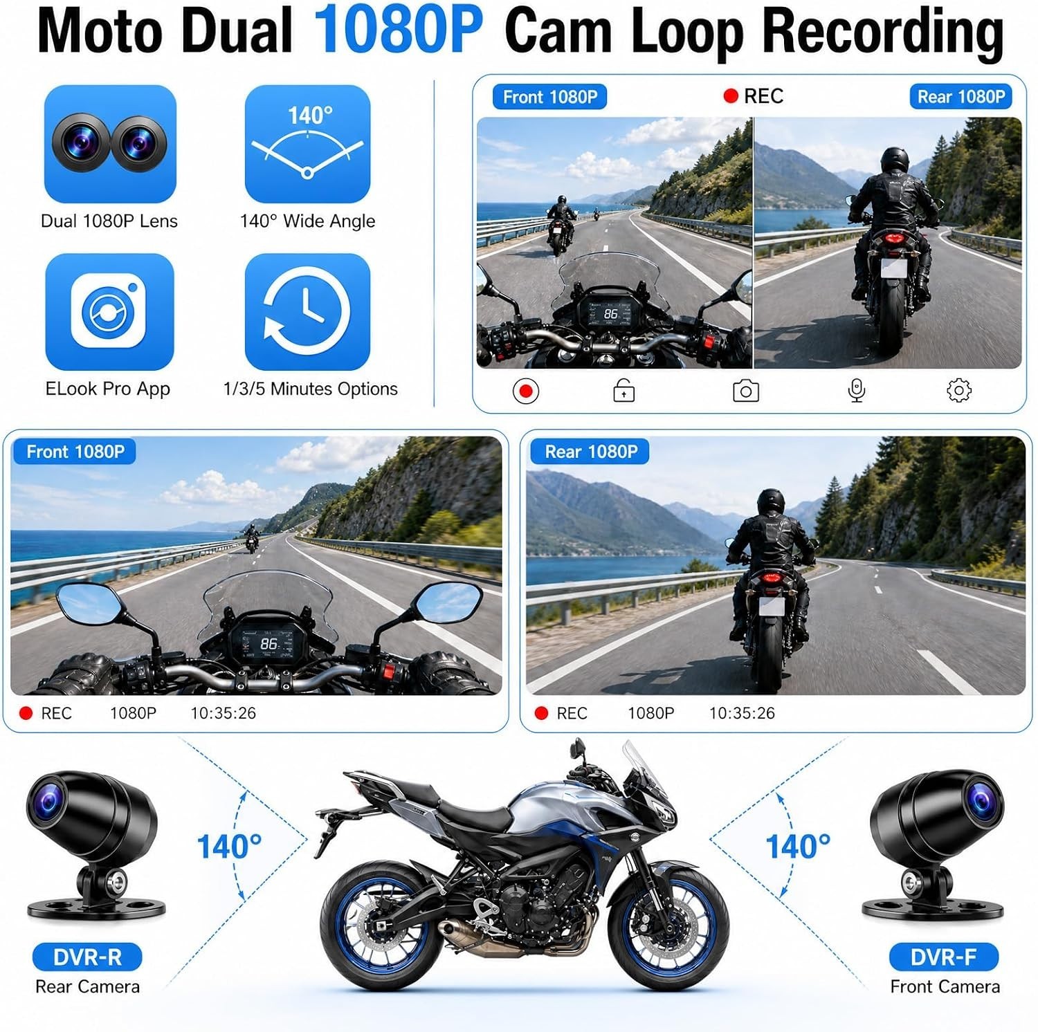 Motorcycle Dual 1080P Dash Cam A-pple Carplay Screen Bluetooth Loop Recording
