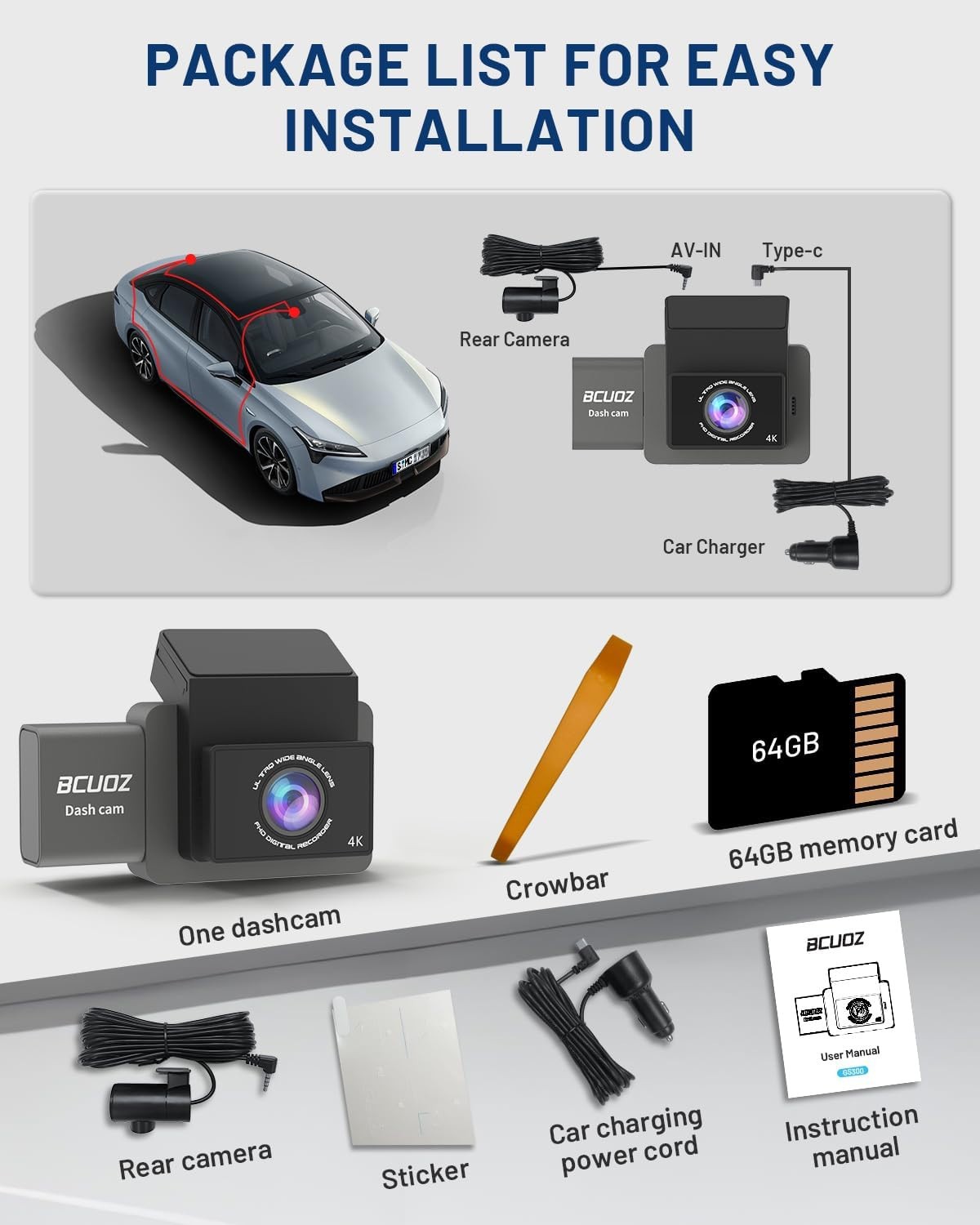 4K 3 Channel Dash Cam, 64GB Card, Full Night Color, 4K+2.5K+1080P Wi-Fi S502