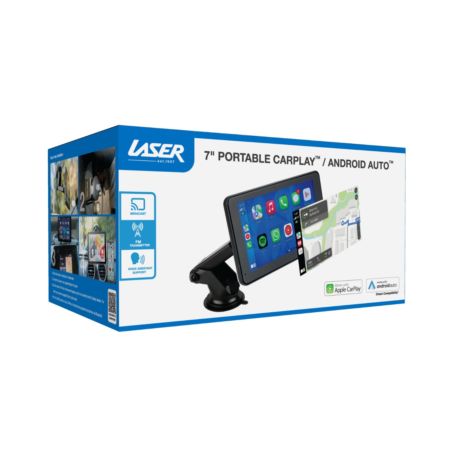 Laser 7″ Portable Apple CarPlay & Android Auto Touchscreen with Voice Assist,