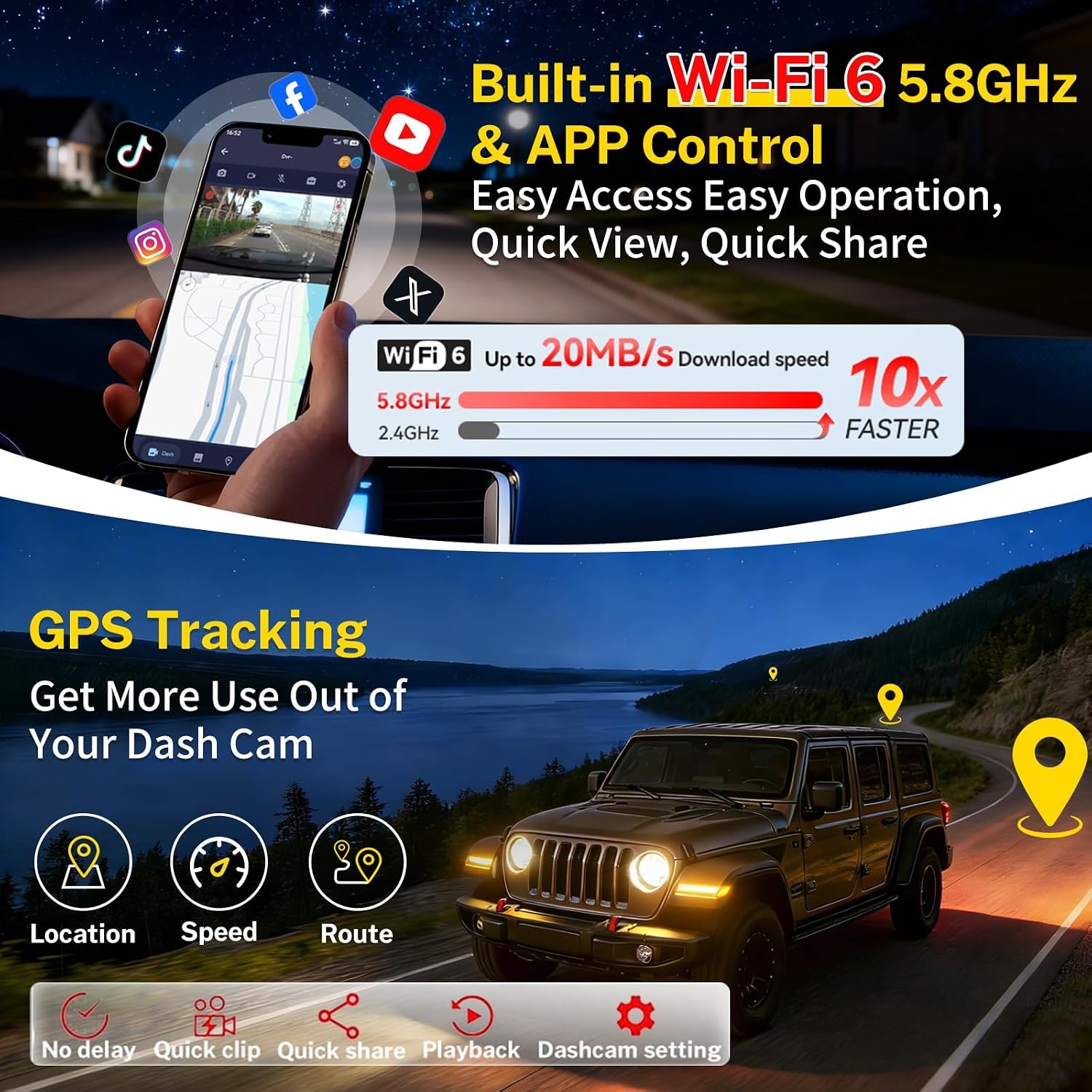 4K Dash Cam Jeep Gladiator JT 2018-2023 Mojave Overland Wrangler JL Wifi GPS HDR