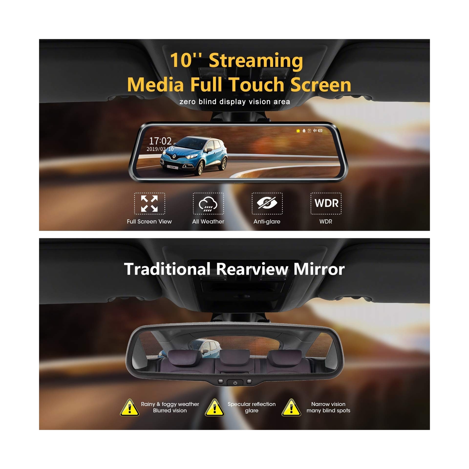 10” Mirror Dash Cam Night Vision 1080P FHD Full Touch Screen Front and Rear …