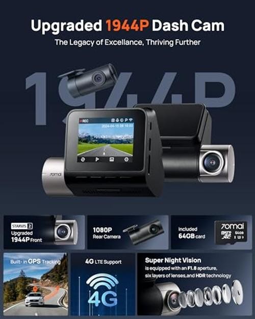 Dash Cam Front and Rear A510,1944P+1080P with STARVIS 2 Front and Rear + 64GB