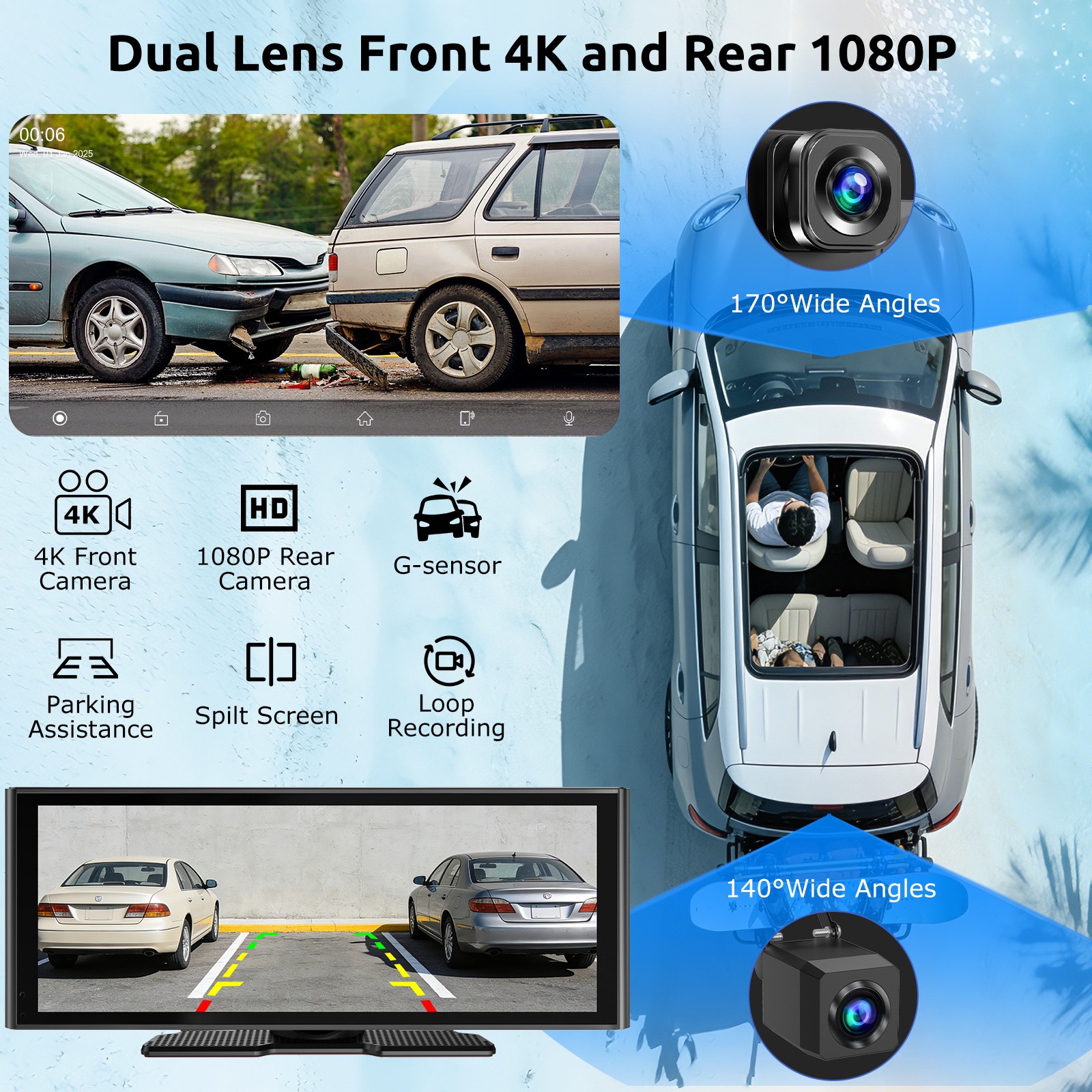 10.2″ 4K Car DVR Wireless Carplay Portable Android Auto Stereo IPS Touch Screen