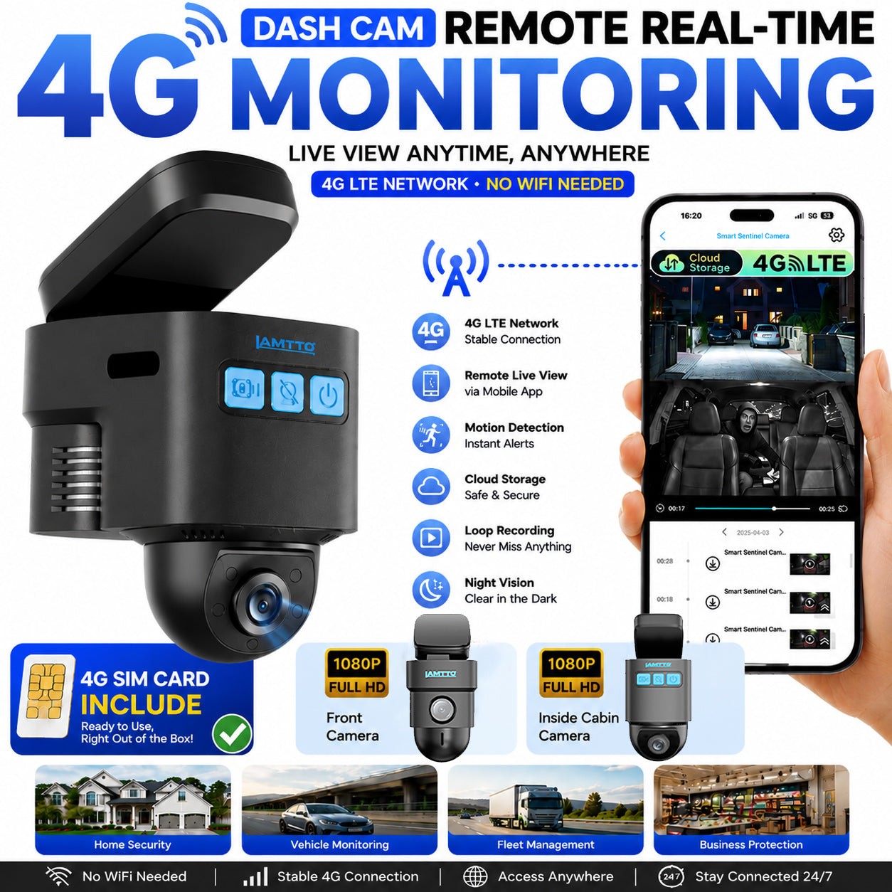 LAMTTO 4G LTE Dual Dash Cam 1080P Front &Inside Remote Live View Parking Monitor