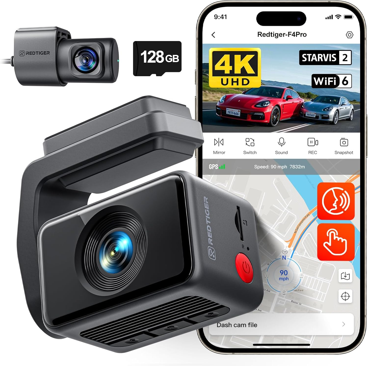 F4 Pro 4K Mini Dash Cam Front and Rear, STARVIS 2 Night Vision, 128GB Card Inclu