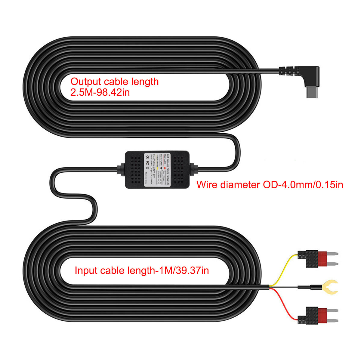 Dash Cam Hardwire Kit For Fuse 12/24V to 5V 3A USB Type C Port Hard Wire Cable