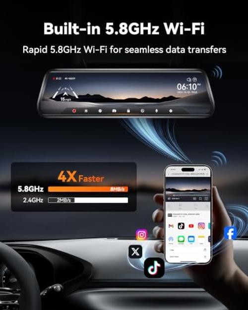 G930 10” 4K Rear View Mirror Camera with 64GB Card,5.8GHz WiFi | Dash Cam