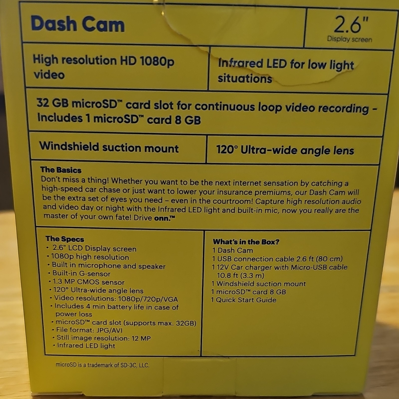 Drive Onn Dash Cam 2.6 Display Screen