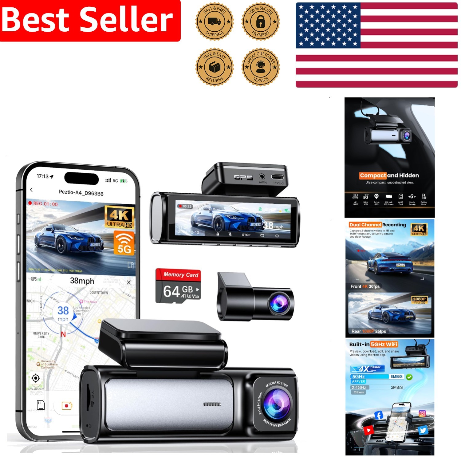 Vehicle Dash Cam 4K Front Rear Dual 5G WiFi GPS 64GB Card Loop Recording