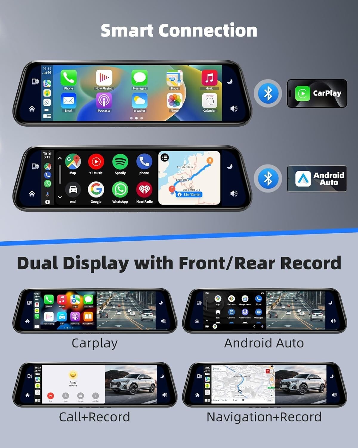Smart Mirror Dash Cam with Carplay&Android Auto,10″ 2.5K Rear View Mirror Camera