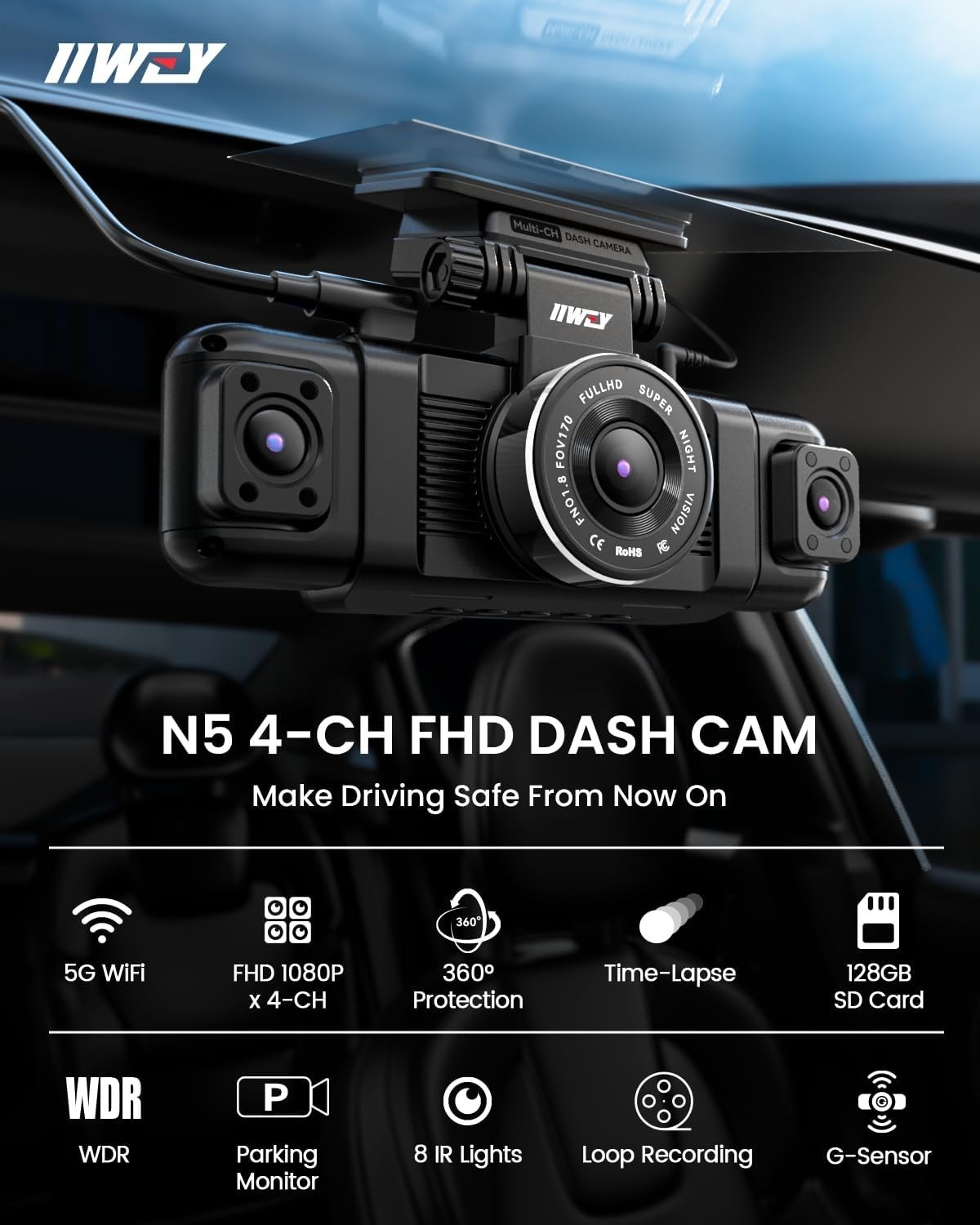 4-Channel Car Dash Cam with 360° Coverage, Emergency Recording & Super Capacitor