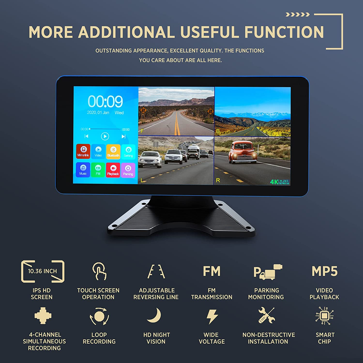 4K Backup Camera 4CH Dash Cam with 10.36″ Quad Split Touch Screen For Trailer