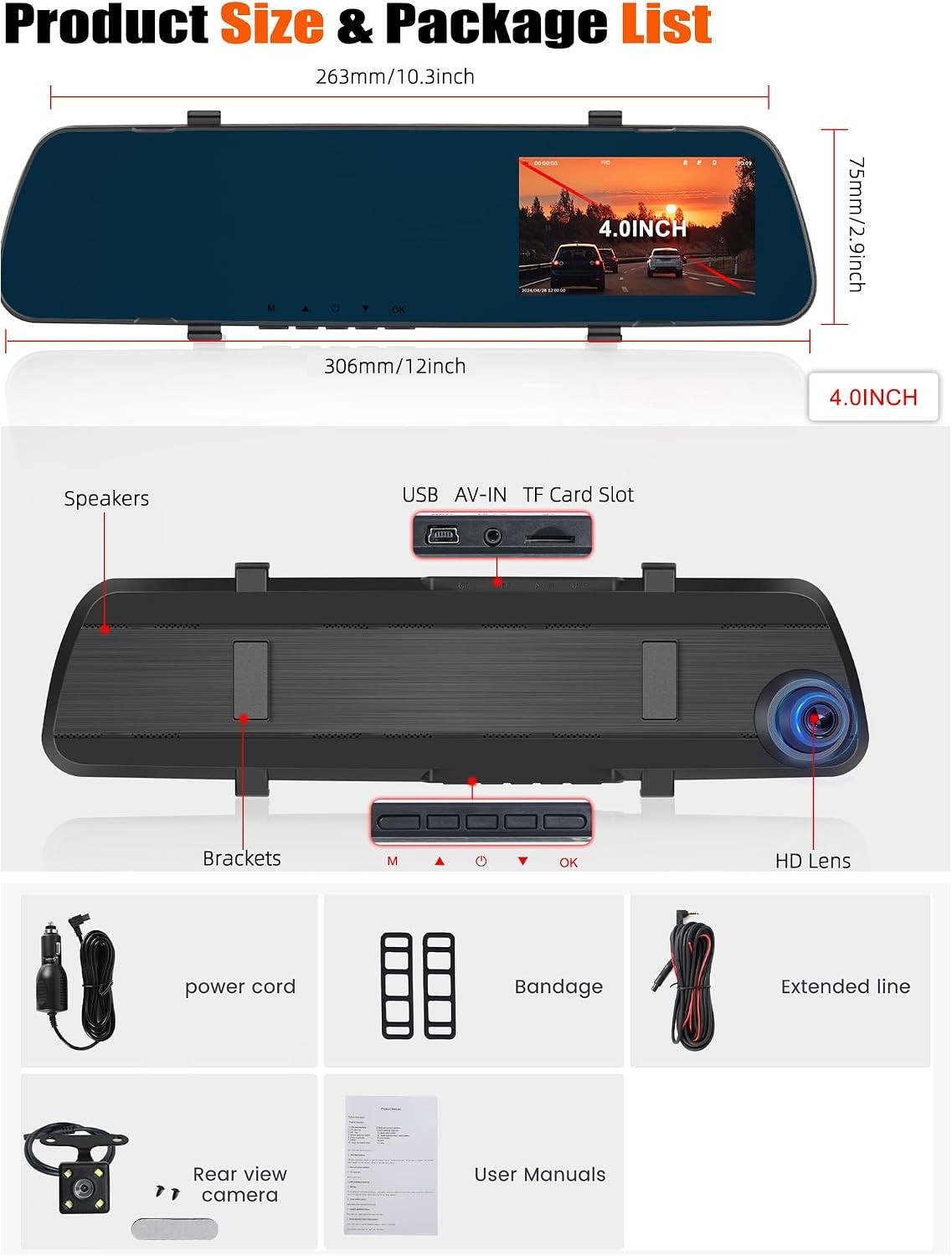 4-Inch 1080P Mirror Dash Cam with Dual Cameras & Night Vision for All Cars