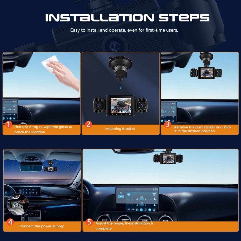 1080P HD 4-Channel Dashcam Car Dash Cam Rear Front Inside Left Right 64G SD Card