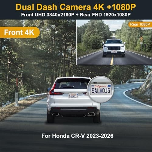 Front 4K+Rear 1080P Dash Cam Adapts for Honda NEW: Front 4K+Rear 1080P Black