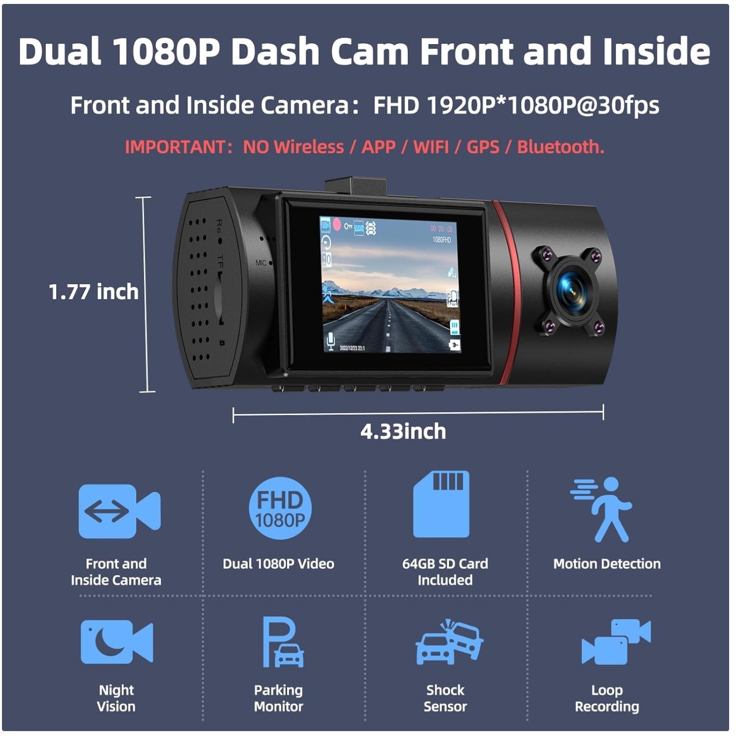 Front and Inside Dual Dash Cam 1080P with 64GB Card