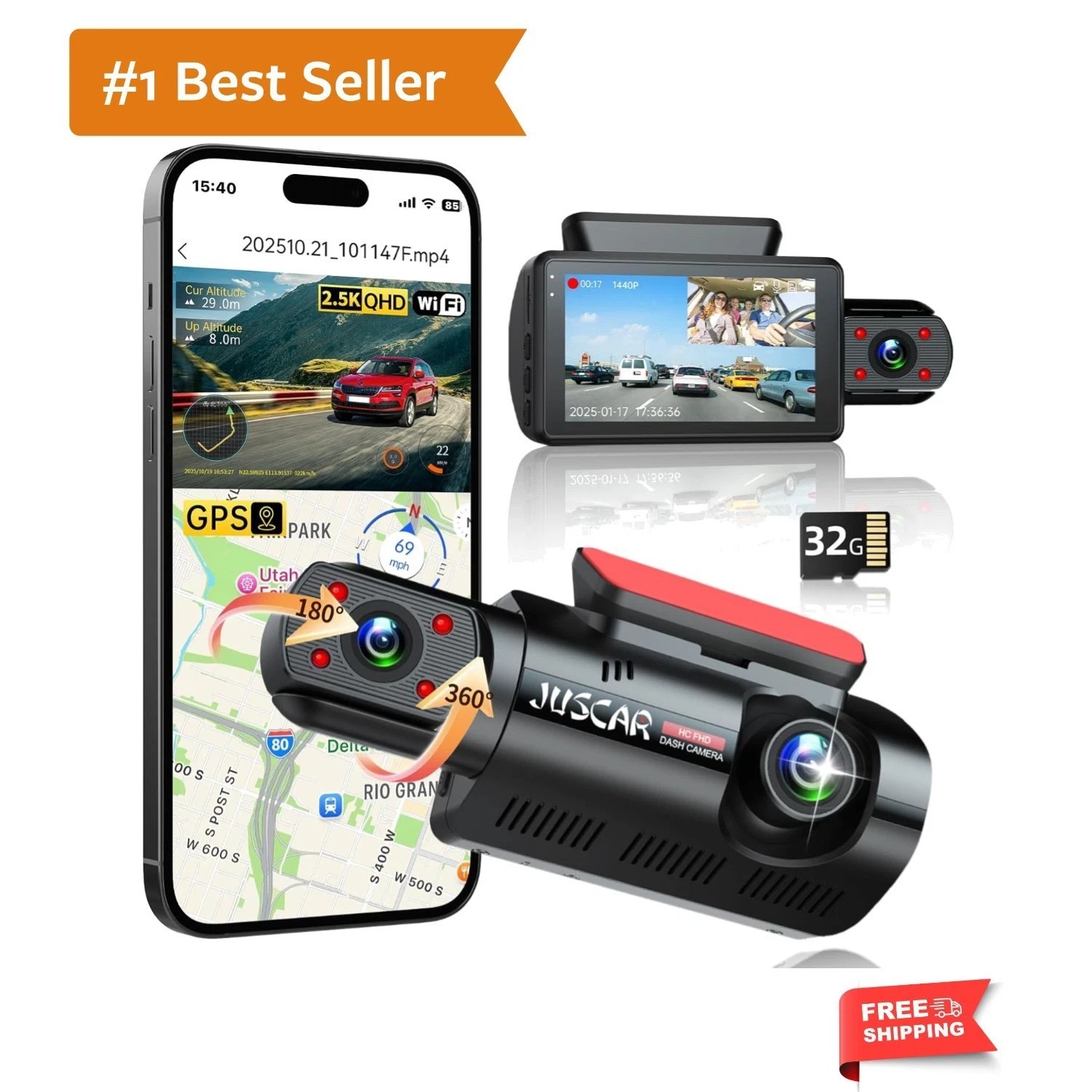 2.5K+1080P Dual Dash Cam Front and Inside, WiFi & GPS Dash Camera for Cars wi…