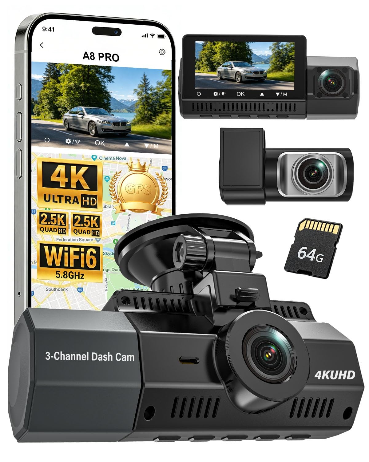 Eivikga 4K+2.5K+2.5K Dash Cam, IMX675 STARVIS 2 Dash Camera 3Channel, Free 64…