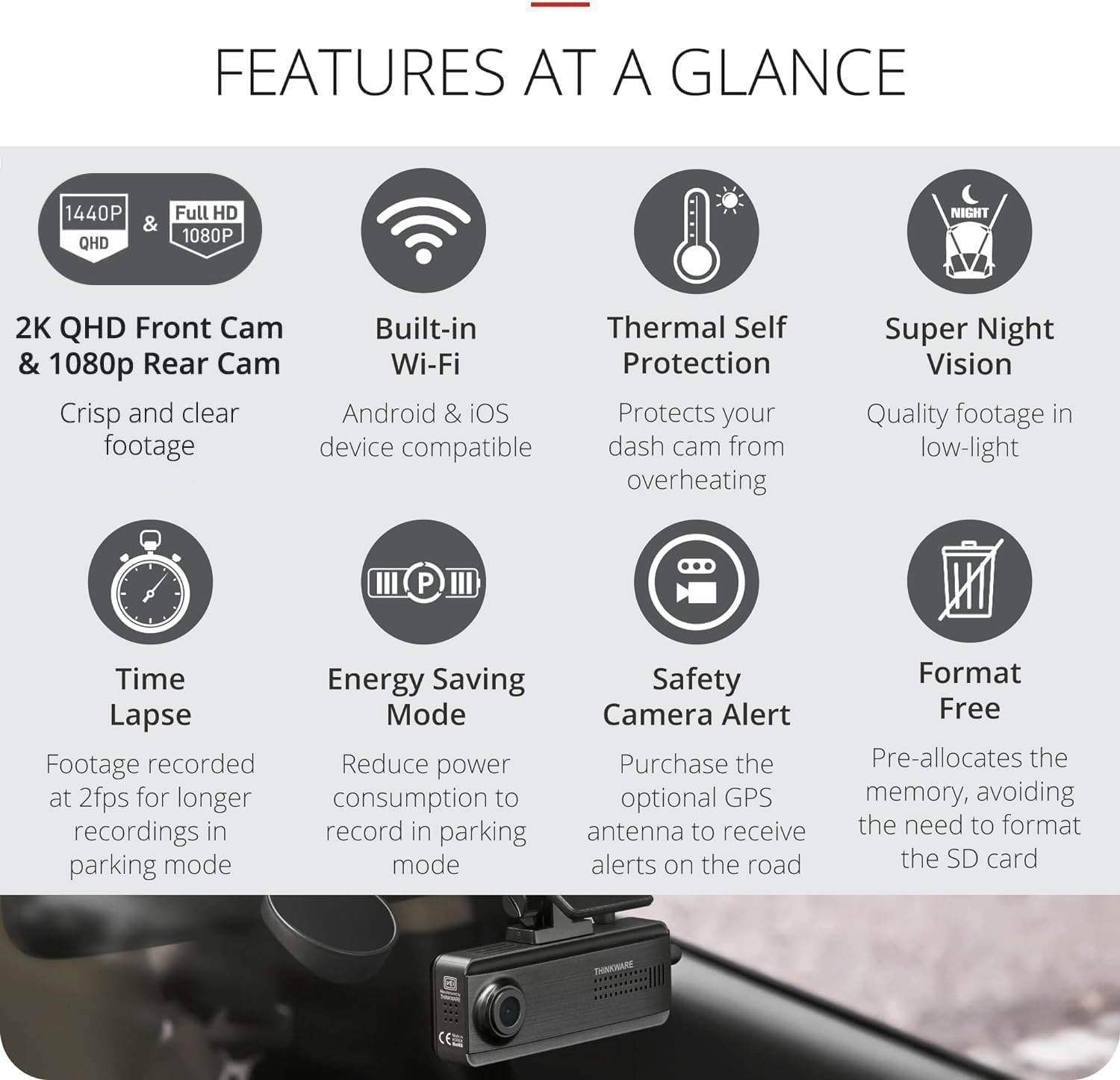 Q200 Dash Cam Front and Rear, Wifi, WDR, Speed Red Light Alerts, ADAS, 256GB Max