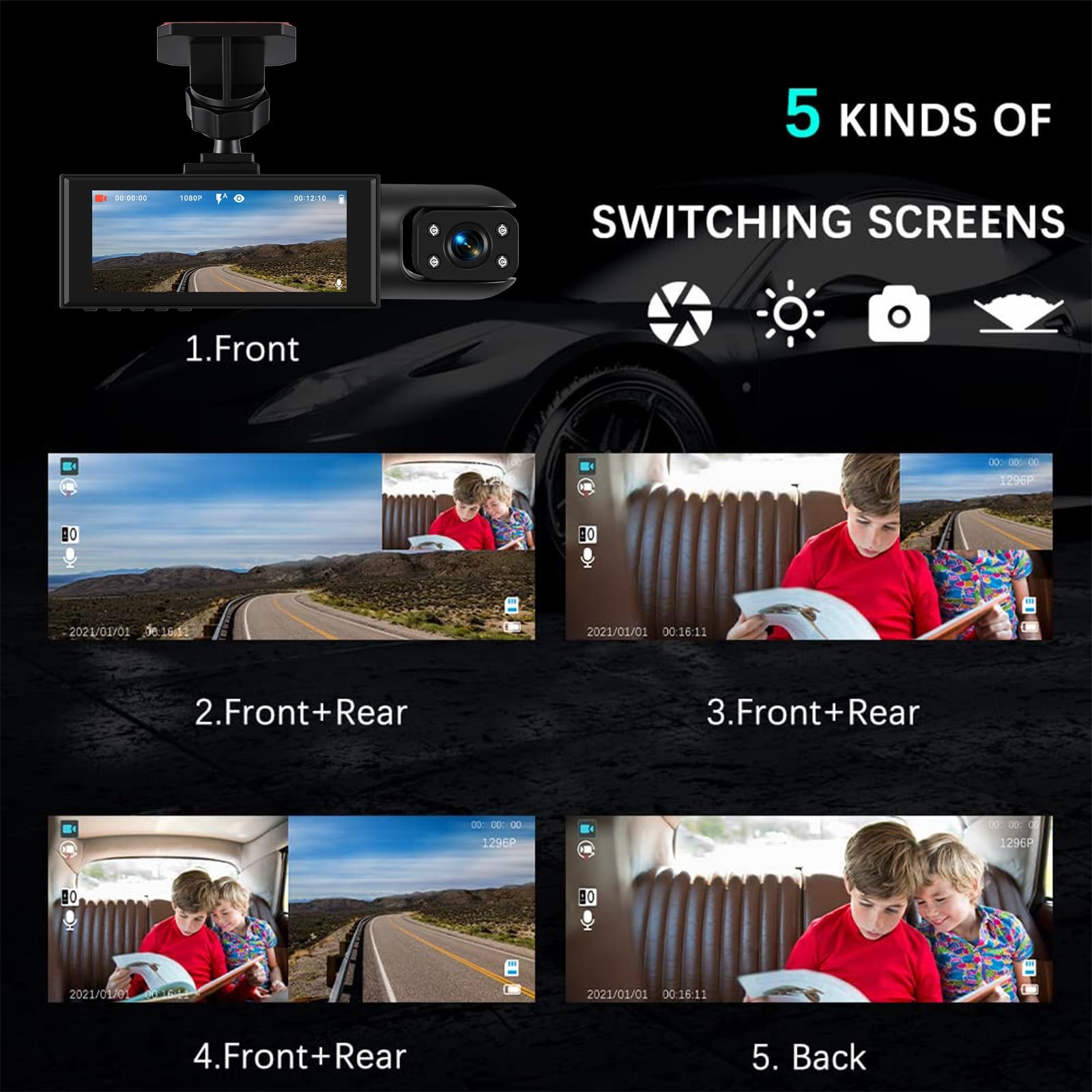 Front and Inside Dual Dash Cam for Cars with 64GB Card, 3.16 inch IPS Screen …