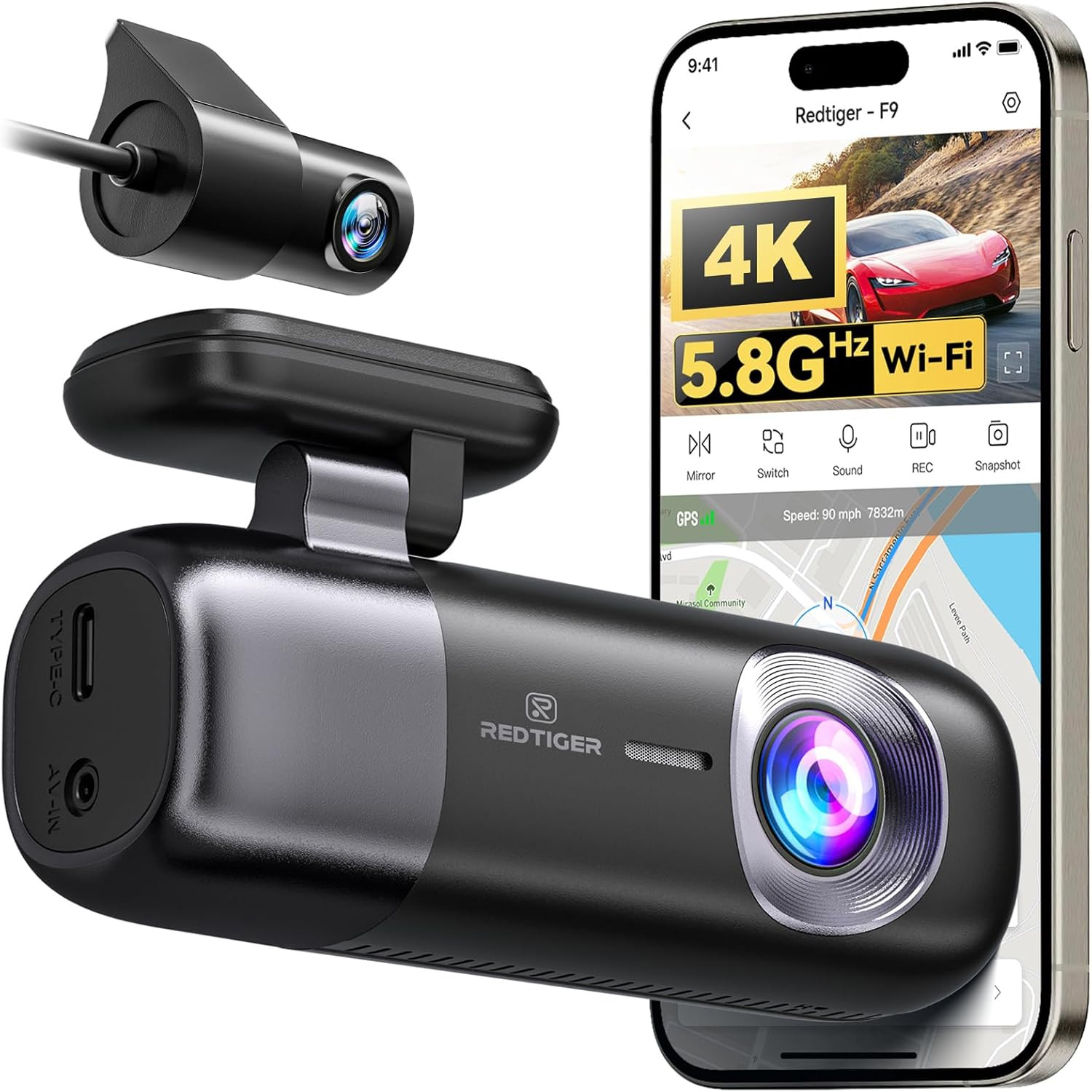 F9 Dash Cam 4K Front and Rear 1080P, 5.8Ghz Wifi GPS Car Camera with APP Control
