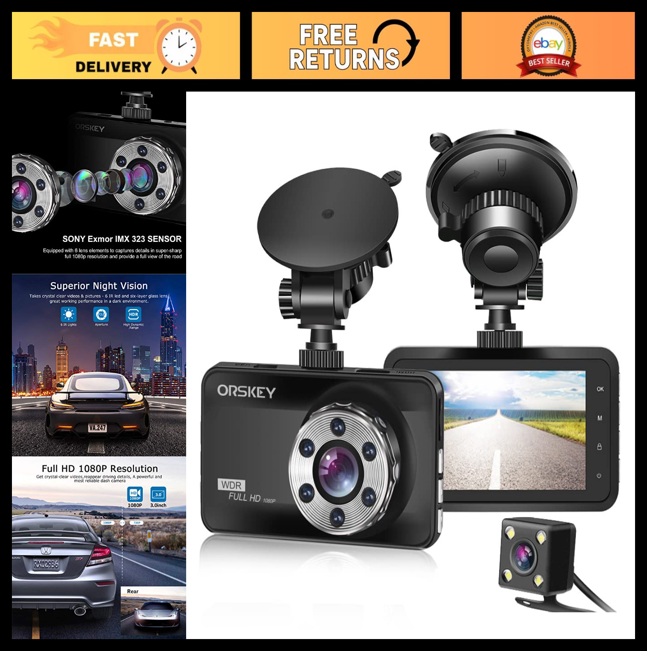 1080P Dual Dash Cam Front & Rear, 170° Wide Angle, Night Vision, G-Sensor, LCD D