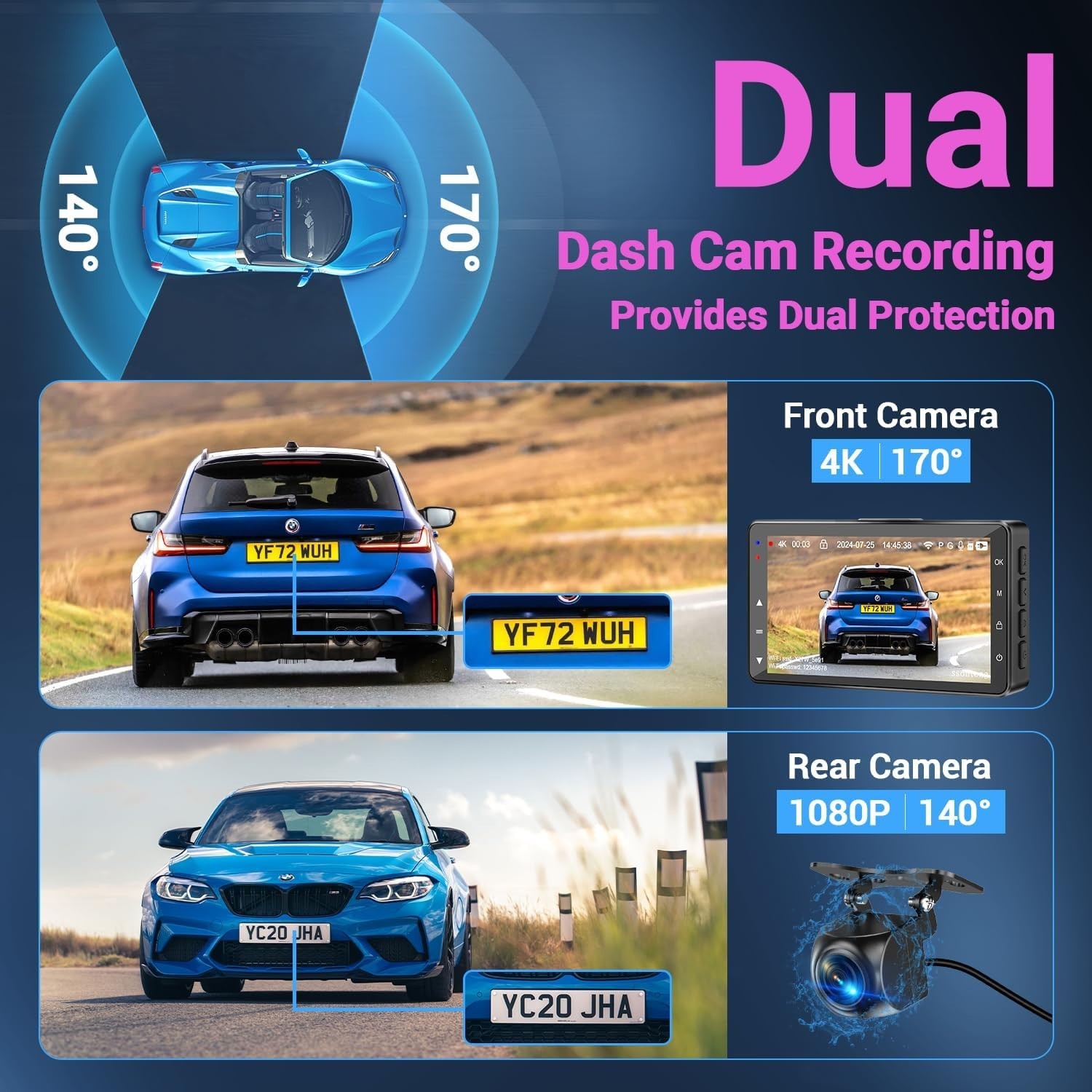 Dash Cam Front and Rear, Dash Cam 4K WiFi/APP Control Dashcam W/ 64GB Card Da…