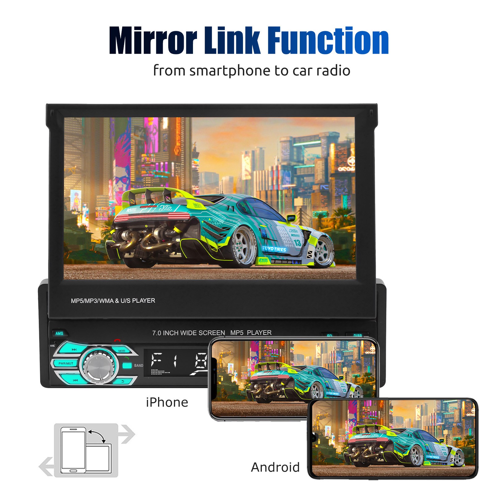Single 1 Din Apple Carplay 7″ Car Stereo Radio GPS Flip Out Touch Screen BT FM