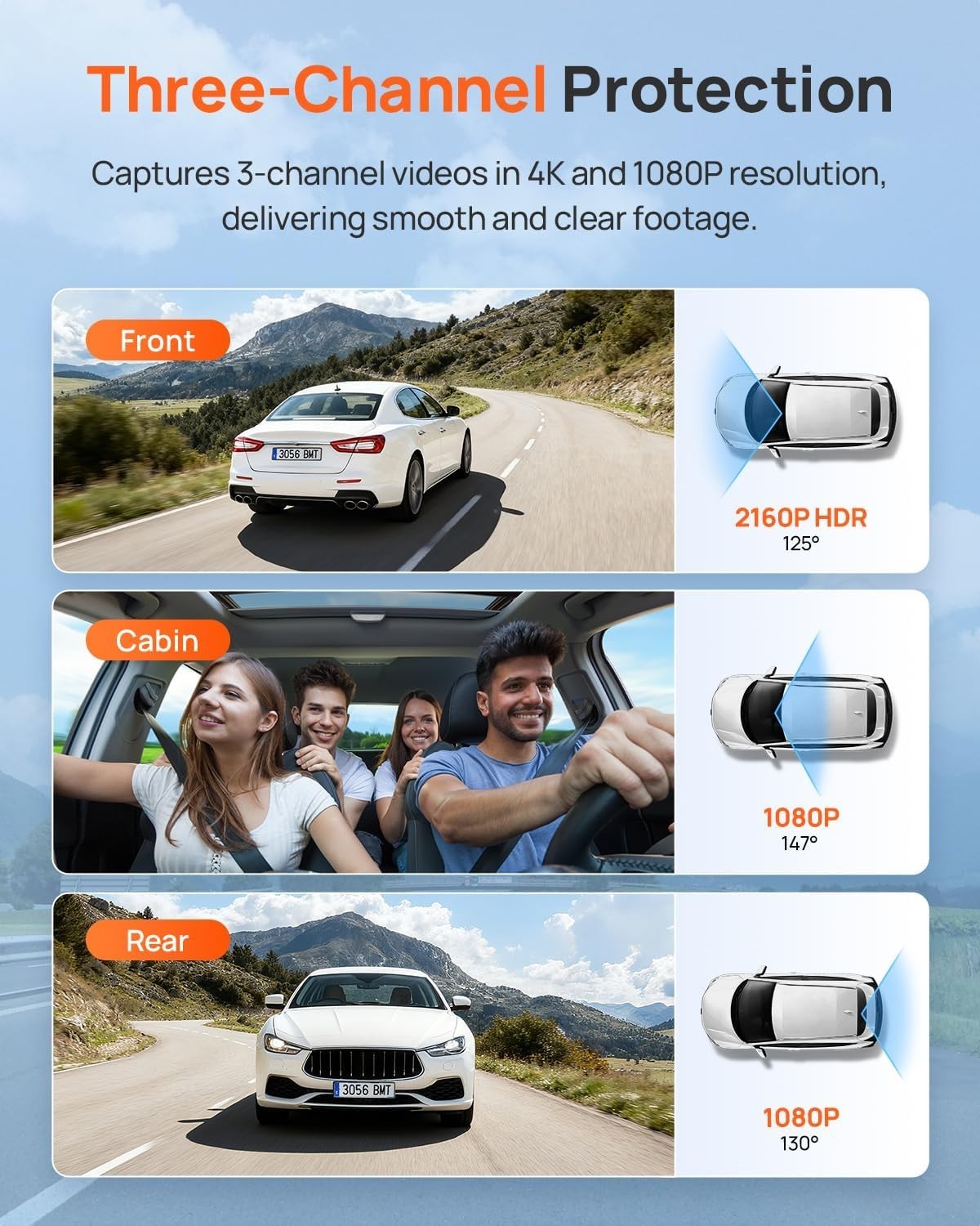Dash Cam 4K Front Rear Inside 3 Channel GPS Wi-Fi Night Vision