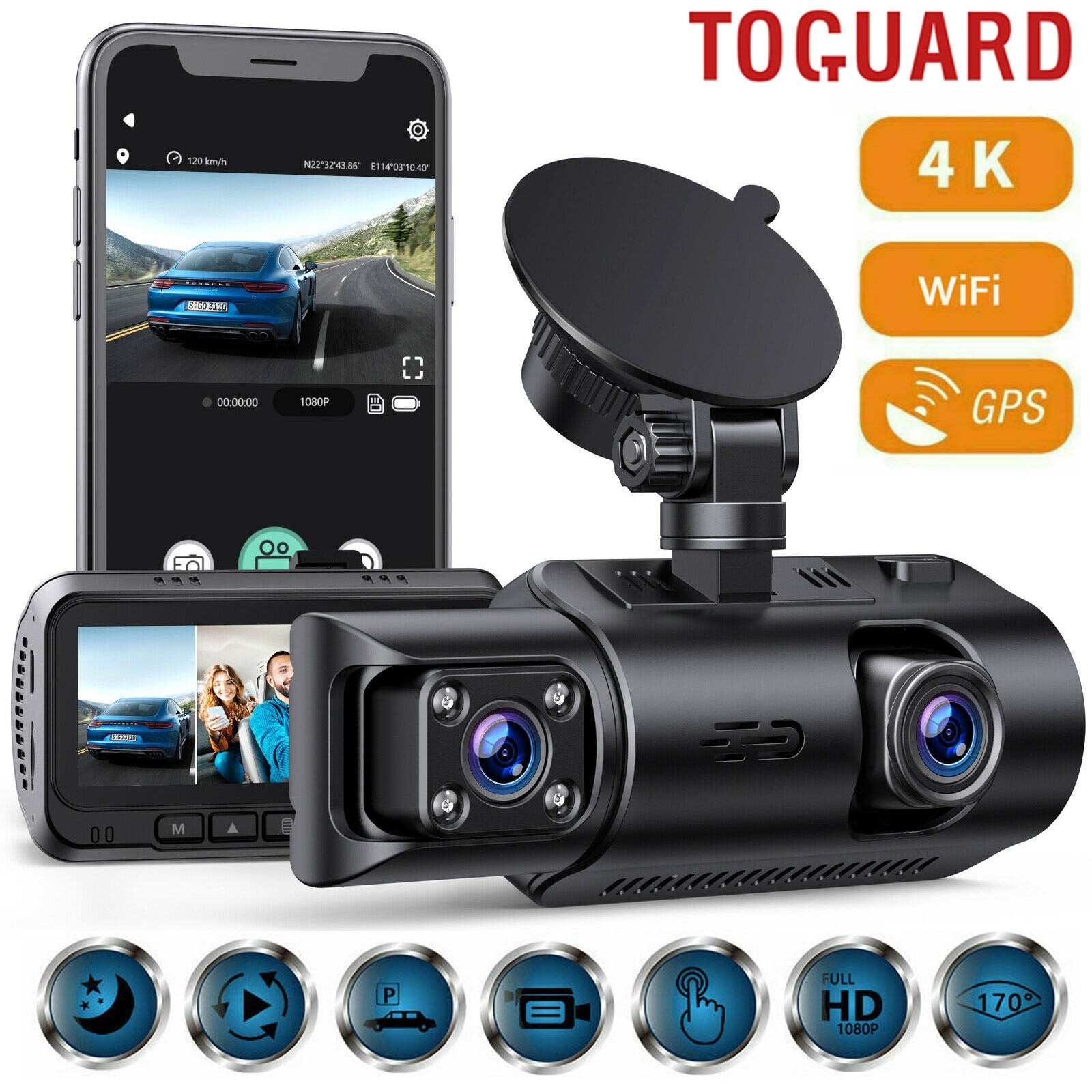 4K GPS Dual Lens Dash Cam WiFi 1080P Front+Inside Car Camera Driving Recorder