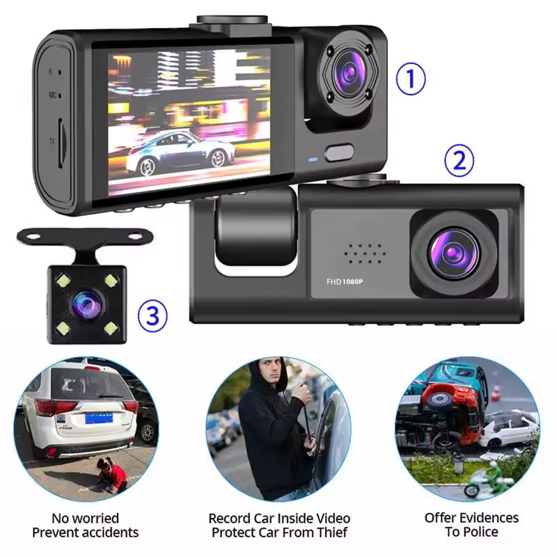 Dash Cam W/ IR Night Vision Loop Recording & 2″ IPS Screen 1080P 3 Camera ， DVR