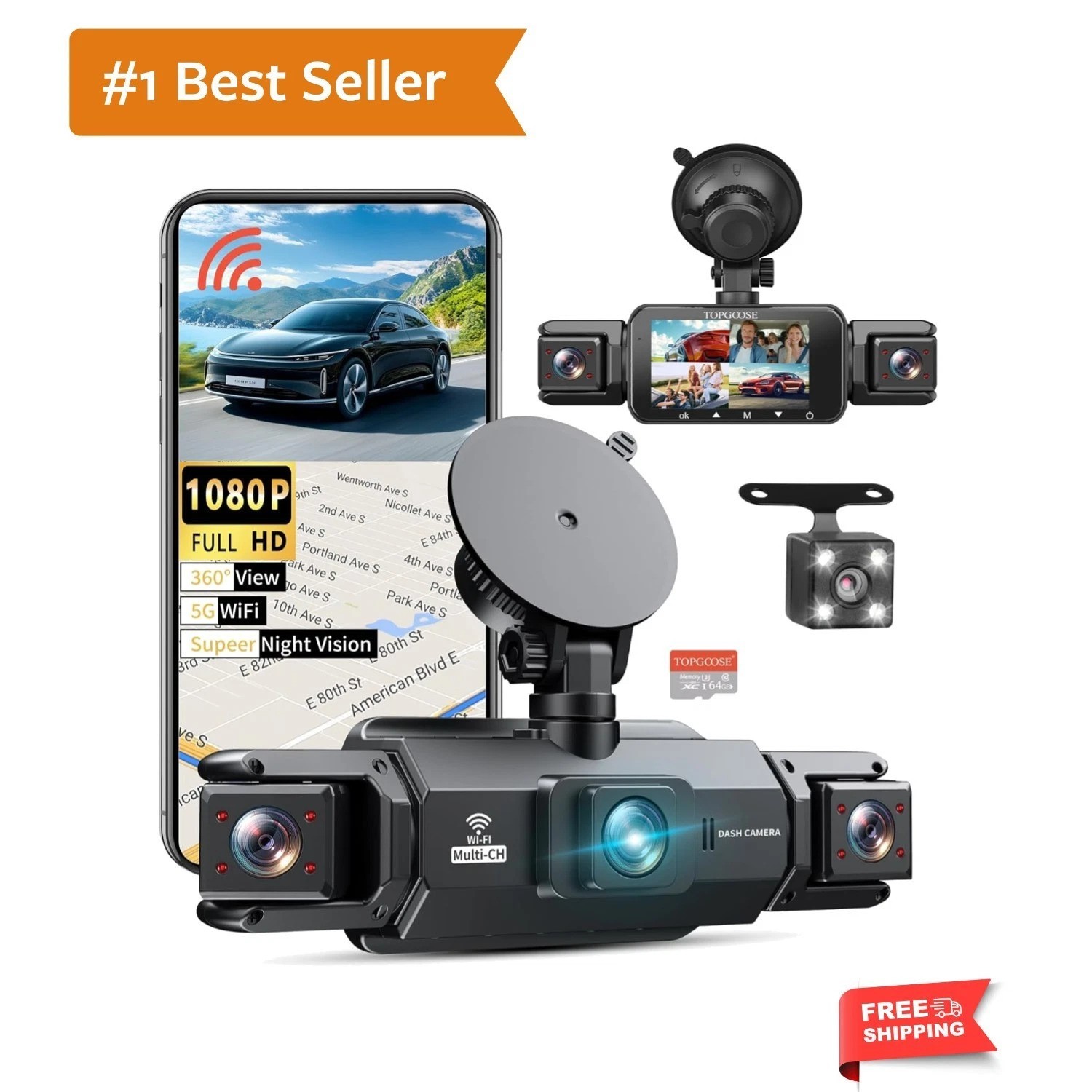 360° Dash Cam 4 Channel 5G WiFi & APP Control, Free 64GB Card, 2K FHD Front a…