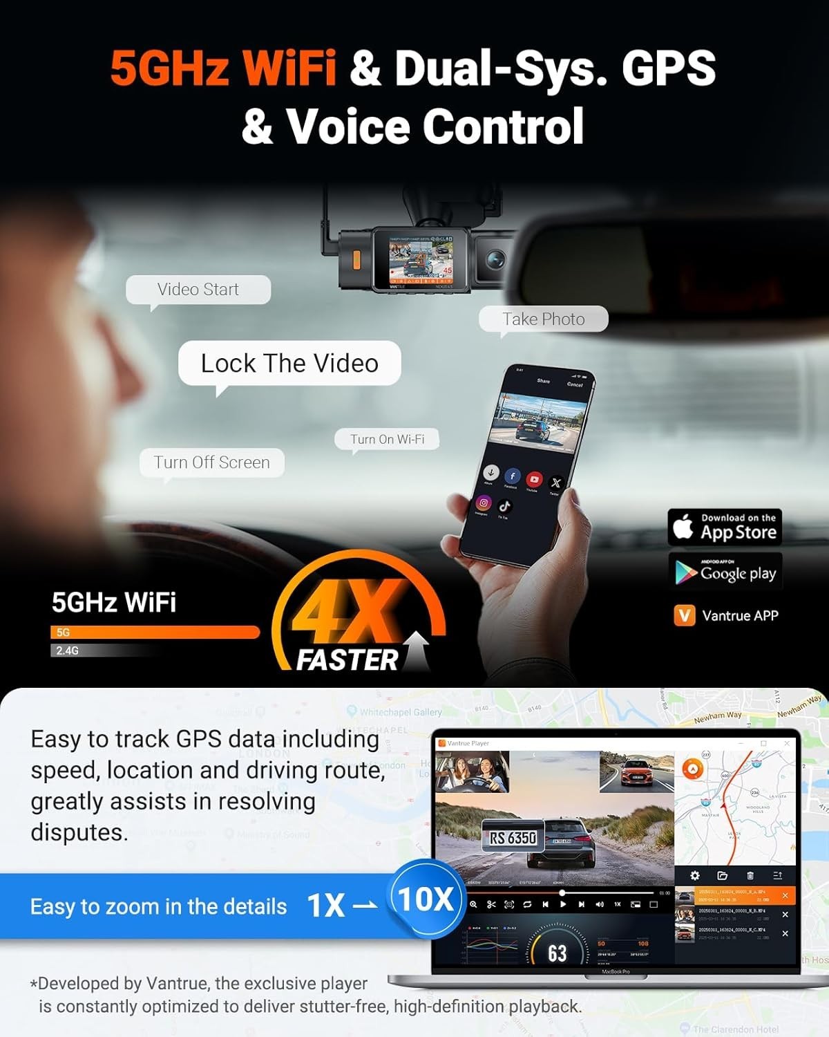 Vantrue N4S 3 Channel Front Inside Rear Dash Cam WiFi GPS LTE Support